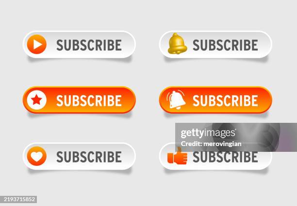 subscribe button icon set with, bell, like and star symbols - knob stock illustrations