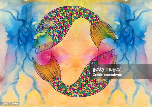 pisces unity - couple swimming lake stock illustrations