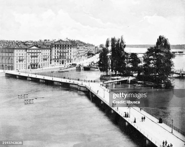 illustrations, cliparts, dessins animés et icônes de geneva, pont des bergues, ile rousseau - geneve