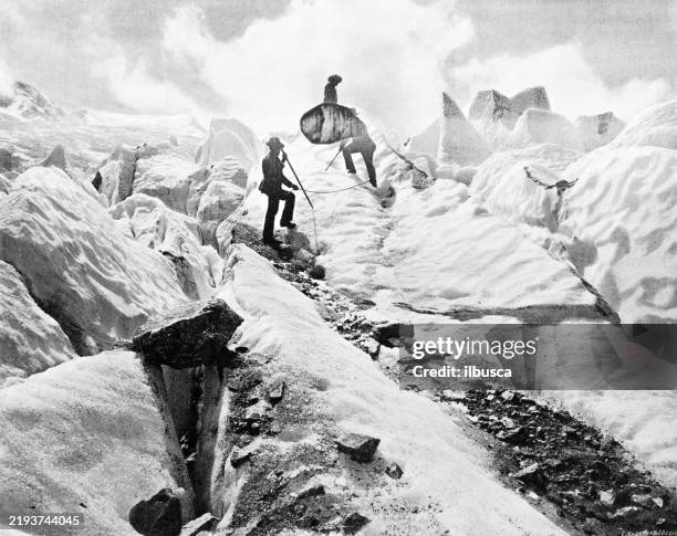 glacier des bossons - group climbing mountain stock illustrations