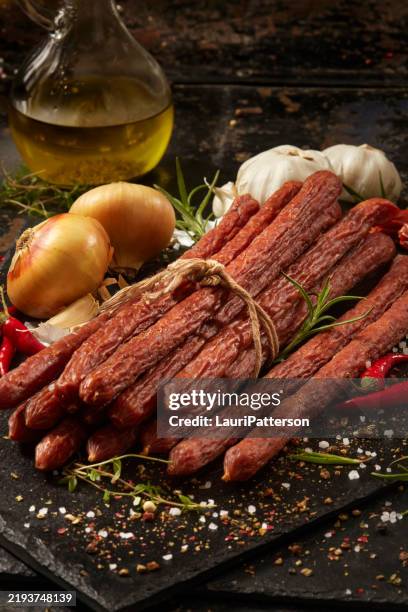 garlic pepperoni sticks - spiral ham stock pictures, royalty-free photos & images