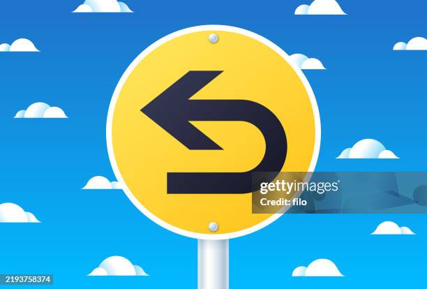 turn around direction choice moving forward left turn yellow traffic sign - reversing stock illustrations