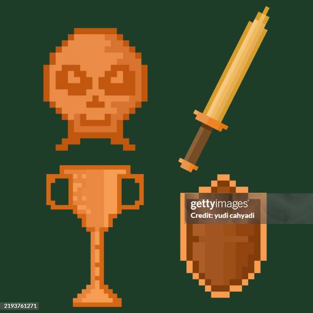 pixel art retro game icons set 8-bit computer graphic 90s 80s game - sword stock illustrations