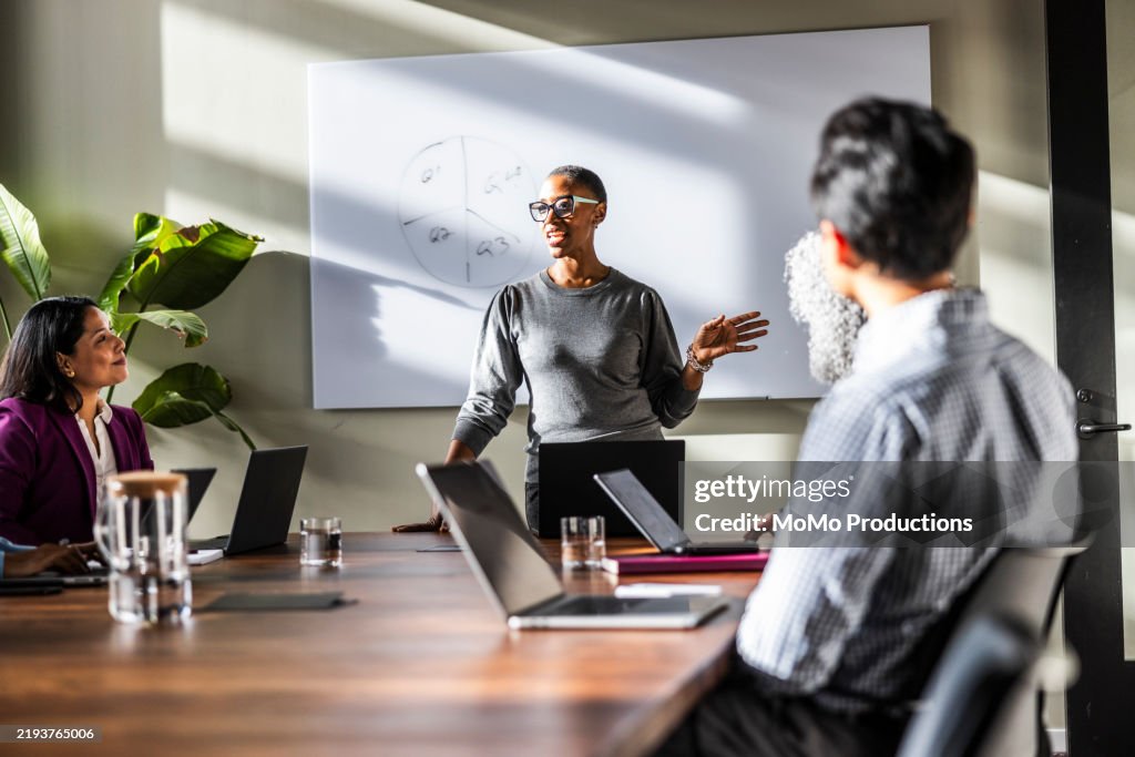Female business owner speaking to office workers in modern conference room