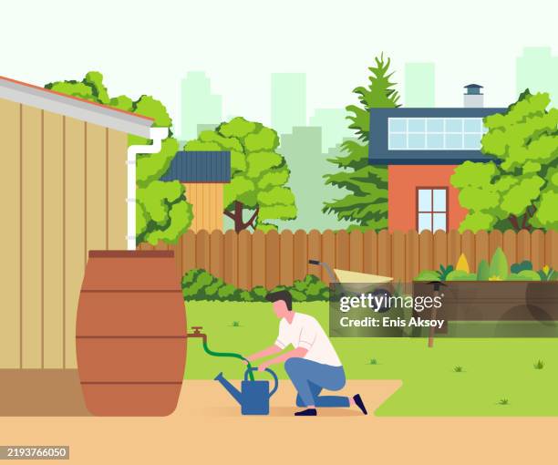 sustainable living with rainwater - water conservation stock illustrations