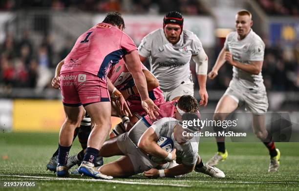 Belfast , United Kingdom - 17 January 2025; Jude Postlethwaite of Ulster is tackled by Richard Capstick, right, and Will Goodrick-Clarke of Exeter...