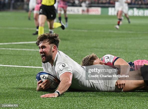 Ben Carson Rugby Ben Carson of Ulster celebrates after scoring a try during the... News ...