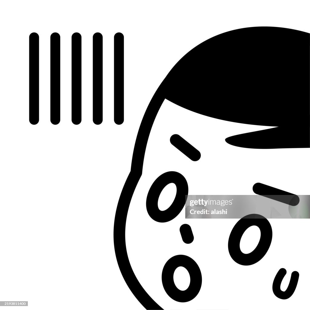 The clean face of a cute boy with short black hair, an open mouth, and a surprised or shocked expression, looking upward, three-quarter front view, minimalist style, drawn in a black outline