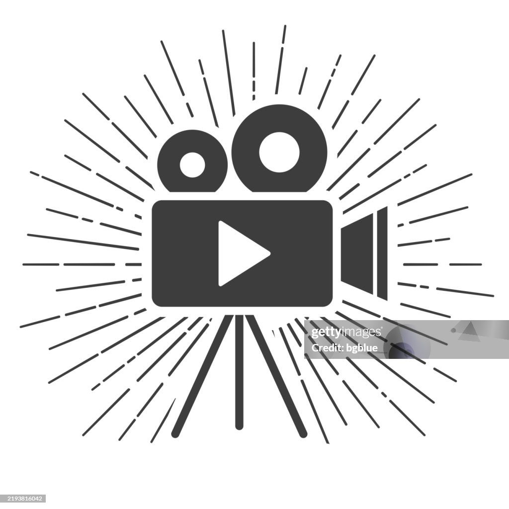 Video camera with tripod. Icon with sunbursts on white background