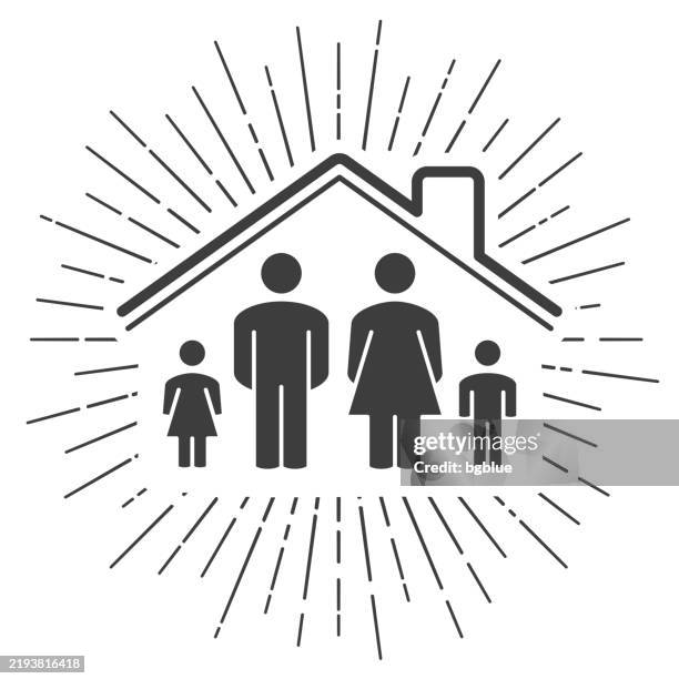 ilustraciones, imágenes clip art, dibujos animados e iconos de stock de la familia se queda en casa. icono con rayos de sol sobre fondo blanco - roofing-clip-art