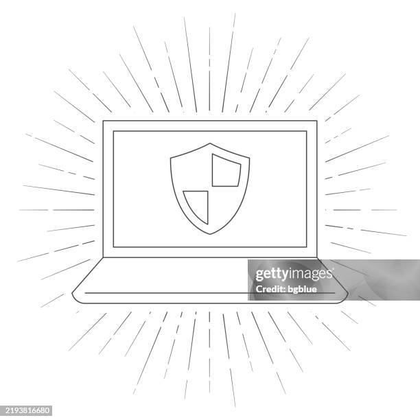 laptop with shield. line icon with sunbursts on white background - shielding sun stock illustrations