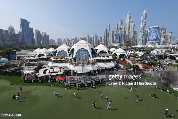 General view across the practice putting green and clubhouse prior to the Hero Dubai Desert Classic at Emirates Golf Club on January 14, 2025 in...