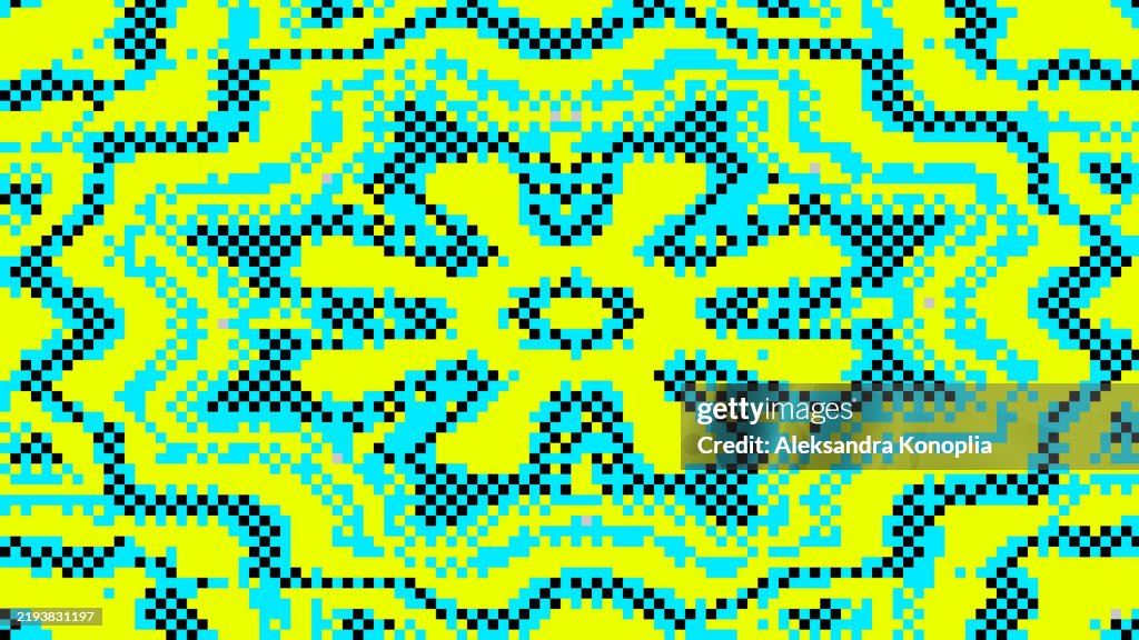 Abstract black, blue, yellow, green pixel retro 8bit psychedelic video game background