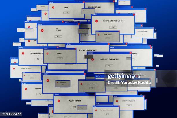 digital overload: visual representation of modern mental health challenges through error messages cgi - information overload stock pictures, royalty-free photos & images
