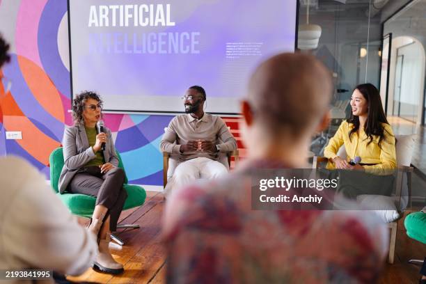 multiracial people attending an ai panel discussion - business conference stock pictures, royalty-free photos & images