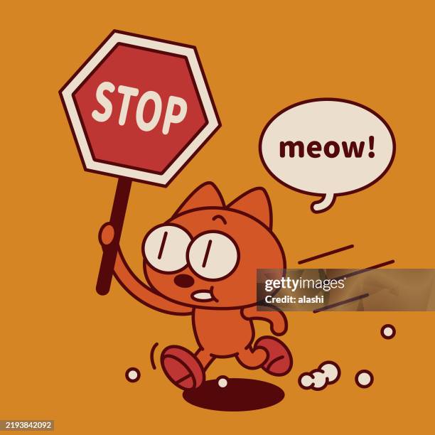 a quirky and cute kitten running holding a stop sign - safety inspection cartoon stock illustrations