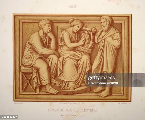 european medieval musical instruments, history, art, music, woman playing plectrum, possibly a dulcimer, italian - dulcimer hammer stock illustrations