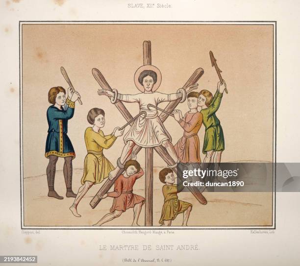 illustrations, cliparts, dessins animés et icônes de histoire médiévale, art, martyre de saint andré, 12ème siècle. on dit qu’andré a été martyrisé par crucifixion dans la ville de patras sur une croix en forme de x, ou sautoir - medieval torture devices