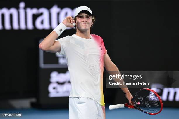 Joao Fonseca of Brazil celebrates a point against Andrey Rublev in the Men's Singles First Round match during day three of the 2025 Australian Open...