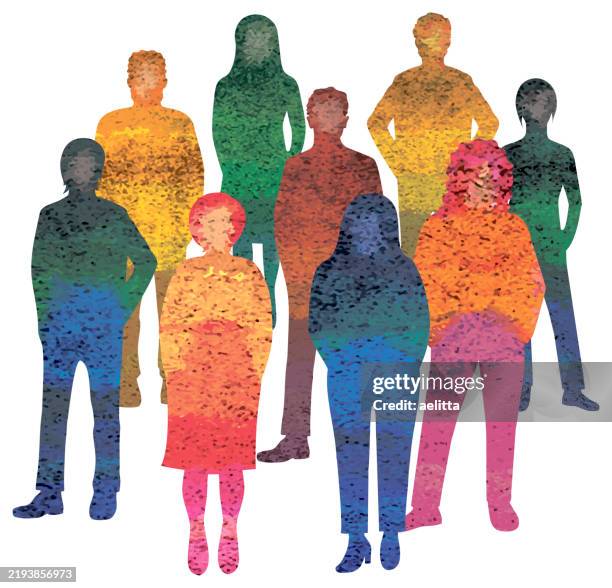 illustrations, cliparts, dessins animés et icônes de caractères vectoriels - silhouettes. des portraits méconnaissables de femmes et d’hommes. groupe de personnes. texturé. multicolore. - femme dans un groupe dhommes