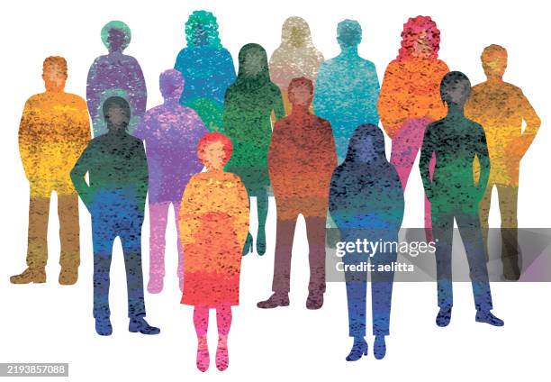 illustrations, cliparts, dessins animés et icônes de caractères vectoriels - silhouettes. des portraits méconnaissables de femmes et d’hommes. groupe de personnes. texturé. multicolore. - femme dans un groupe dhommes