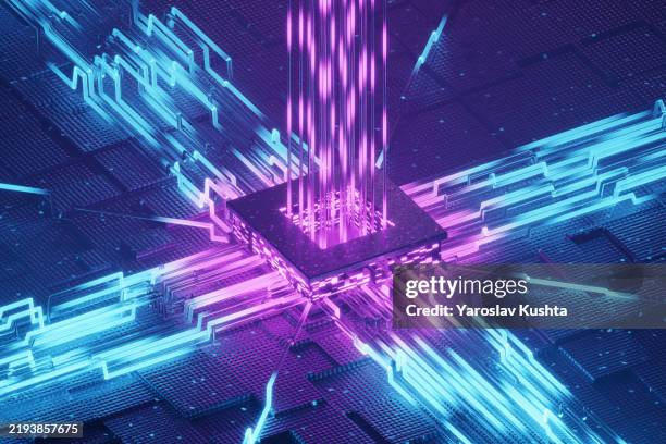 ai data flow through quantum processor chip cgi - quantencomputer stock-fotos und bilder