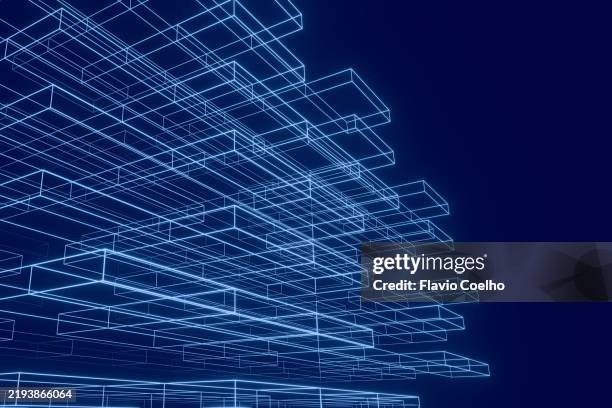 3d wireframe neon structures background - side view - blauwdruk stockfoto's en -beelden