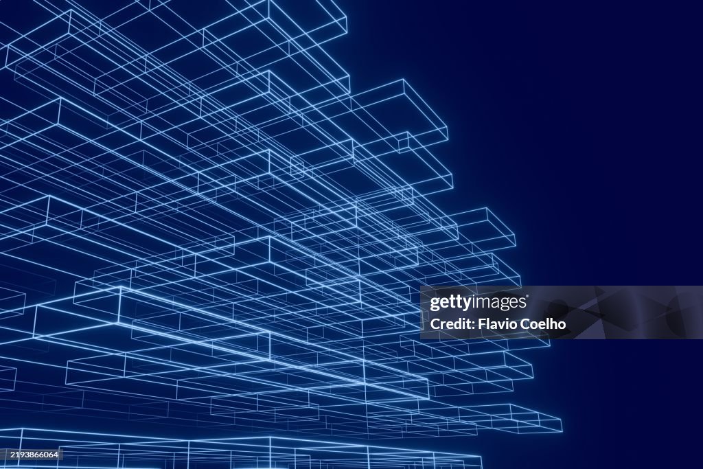 3D wireframe neon structures background - side view