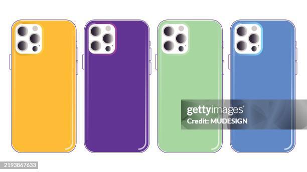bunte rückansicht-telefonsymbole. zubehör für mobiltelefone isoliert auf weißem hintergrund. - rücken stock-grafiken, -clipart, -cartoons und -symbole