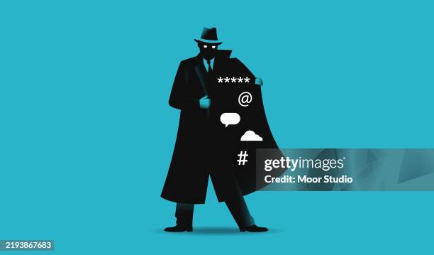 man in black coat selling password and personal data illustration - suspicion stock illustrations