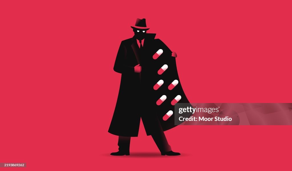 Mann in schwarzem Mantel, der Pillen verkauft, Vektor-Illustration