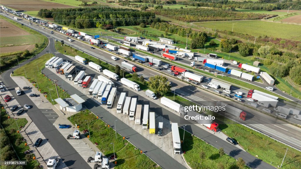Multiple lane highway, traffic jam - aerial view