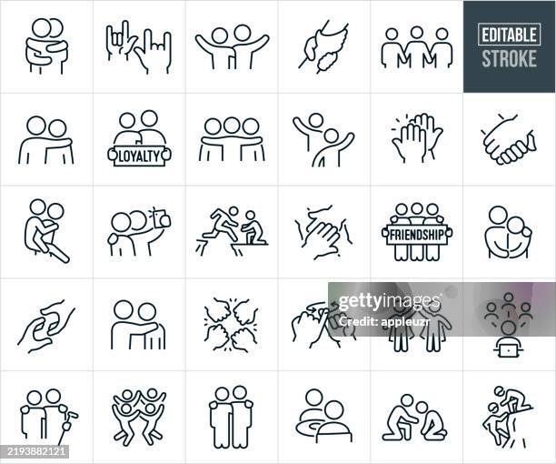 illustrazioni stock, clip art, cartoni animati e icone di tendenza di icone della linea sottile degli amici - tratto modificabile - le icone includono amicizia, migliori amici, braccio intorno alla spalla, gruppo di amici, uscire, fiducia, empatia, lealtà, affidabile, degno di fiducia, tenersi per mano, abbracciare - mani giunte