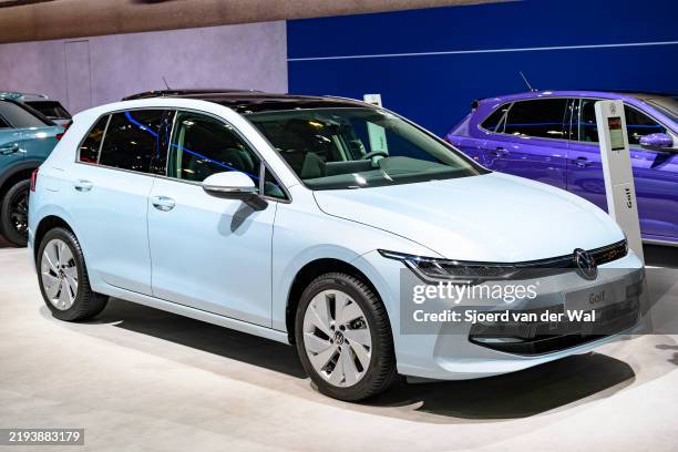 Volkswagen Golf hatchback car on display at the AutoSalon on January 10, 2025 in Brussels, Belgium.