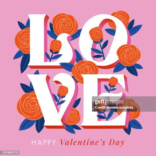 valentinstag. 3d love text in typografie im retro-stil mit roten rosen. - hand lettering stock-grafiken, -clipart, -cartoons und -symbole