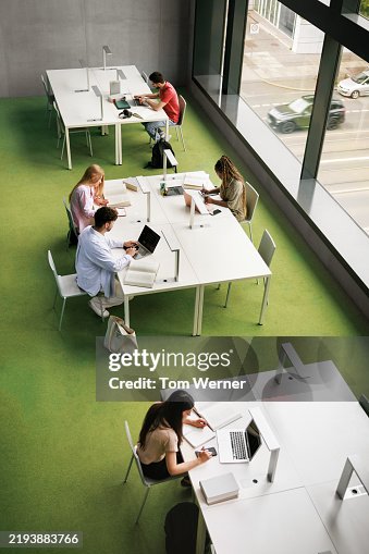 Aerial View of a Library Study Area Shows a Diverse Student Group Aerial View of a Library Study Area Shows a Diverse Student Group
