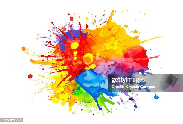 vibrant rainbow paint splatter explosion on white - dipinto in acrilico foto e immagini stock
