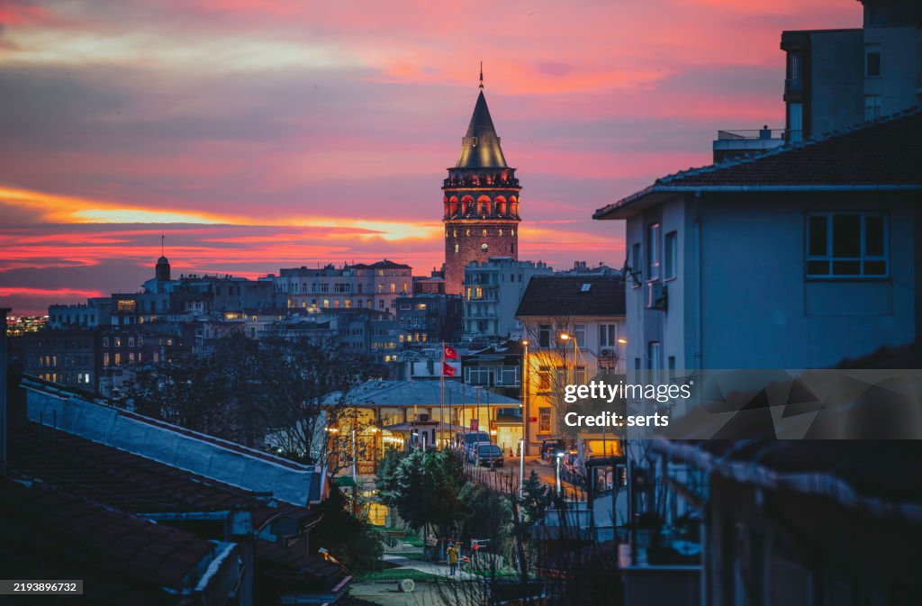 Scenic View of Galata Tower at Sunset from Cihangir, Beyoğlu, Istanbul, Turkiye