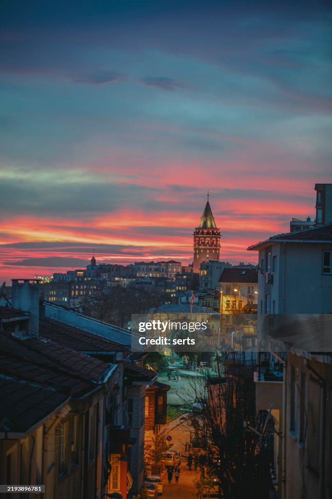 Scenic View of Galata Tower at Sunset from Cihangir, BeyoÄŸlu, Istanbul, Turkiye