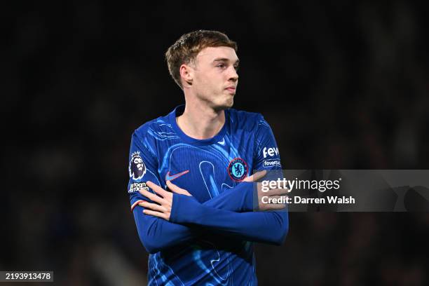 Cole Palmer of Chelsea celebrates scoring his team's first goal during the Premier League match between Chelsea FC and AFC Bournemouth at Stamford...