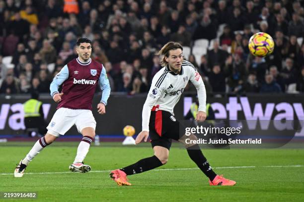 Carlos Soler of West Ham United scores his team's first goal during the Premier League match between West Ham United FC and Fulham FC at London...