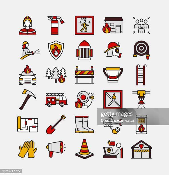ilustrações de stock, clip art, desenhos animados e ícones de firefighter department wealth related line icons set. editable stroke. - extintor de incêndio