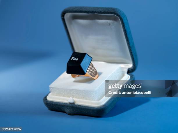close-up of a computer key with the word fine glued onto a ring in gift box - jewellery box stock pictures, royalty-free photos & images