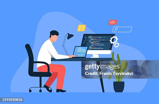 Computer Programmer Cozy Animation Vector Illustration Of A Programmer Guycartoon Scene Of A Programmer ...