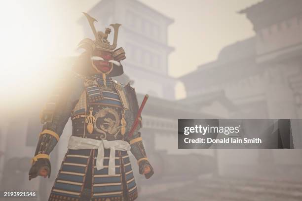 samurai warrior with sun flare - samurai imagens e fotografias de stock