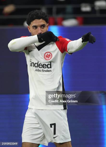 Omar Marmoush of Eintracht Frankfurt celebrates scoring his team's second goal during the Bundesliga match between Eintracht Frankfurt and Sport-Club...