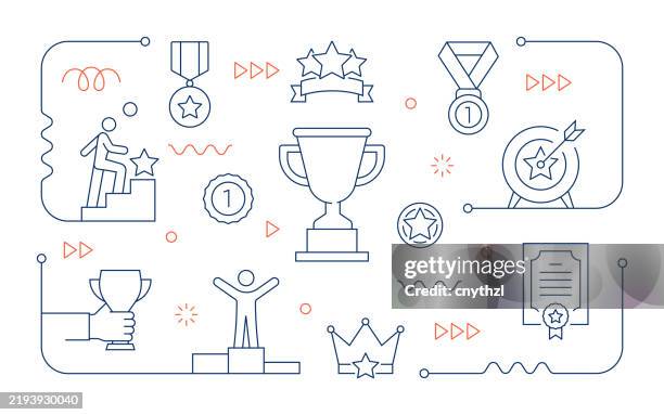 errungenschaft line art banner design. wettbewerb, erfolg, gewinnen, sieg, trophäe - siegerpodest stock-grafiken, -clipart, -cartoons und -symbole