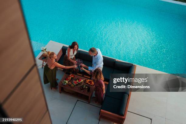 friends toasting drinks at luxury poolside party - poolside stock pictures, royalty-free photos & images