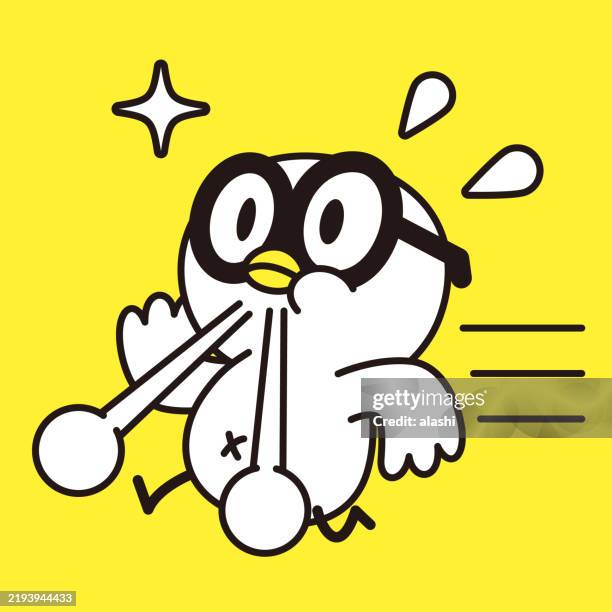 a cute bird wearing large glasses, running fast. minimalist style, drawn in a black outline and flat colors - cartoon bird with glasses stock illustrations
