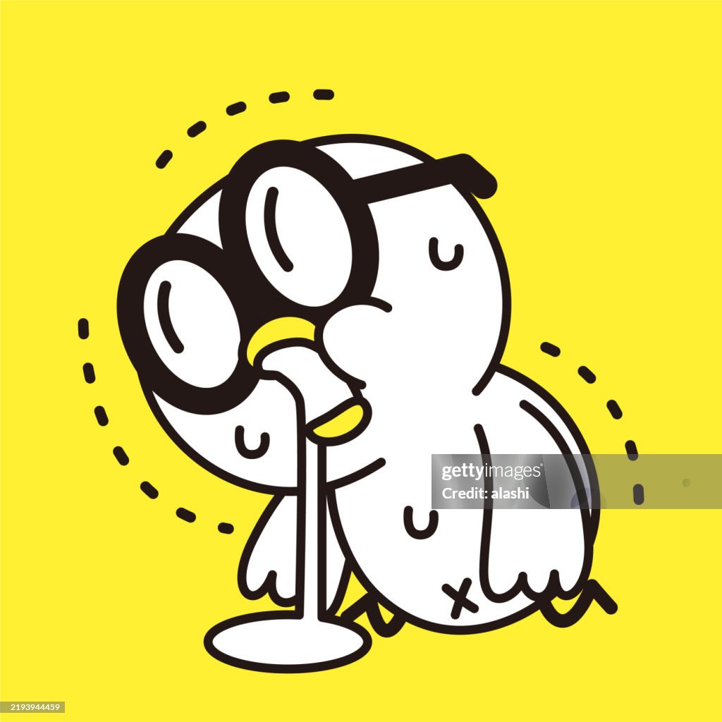 A cute bird wearing large glasses, on its knees, and throwing up. Minimalist style, drawn in a black outline and flat colors